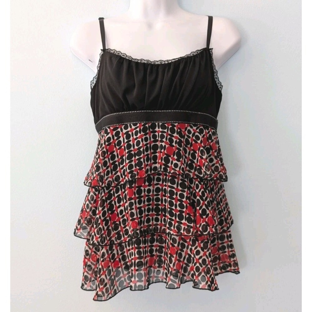 Heart Soul Baby Doll Strappy Tank Top Black Red Womens Medium Back Tie Lace Trim
